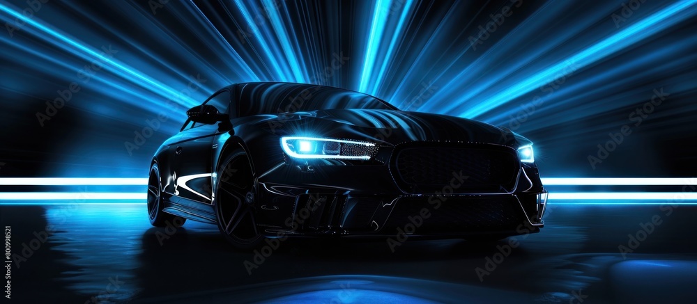 Black modern sports car with futuristic blue motion background