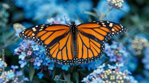 Close-up of a Monarch butterfly in a whimsical fairy garden, its wings contrasting beautifully against blue foliage and bright flowers © Sasint
