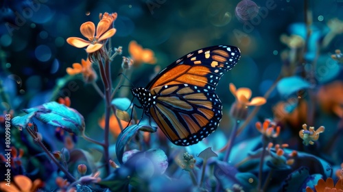 Close-up of a Monarch butterfly in a whimsical fairy garden, its wings contrasting beautifully against blue foliage and bright flowers © Sasint