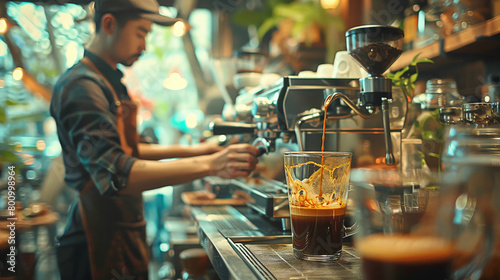A barista in a modern cafe environment pours espresso into a glass, surrounded by vibrant greenery.