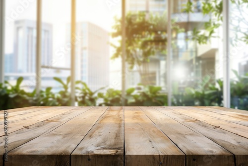 Empty wood table top and blur glass window wall building banner mock up abstract background - can used for display or montage your products - generative ai