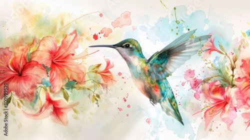 Detailed watercolor painting illustrating a hummingbird soaring near bright flowers