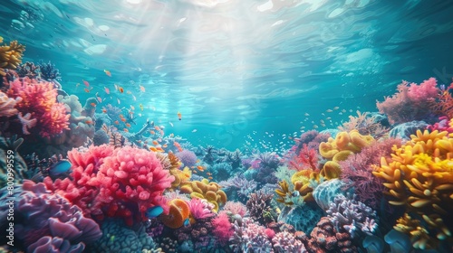 A panoramic view of a vibrant coral garden, with a rainbow of colors and textures, inviting viewers to marvel at the natural artistry of coral reefs on World Reef Awareness Day. © Ammar