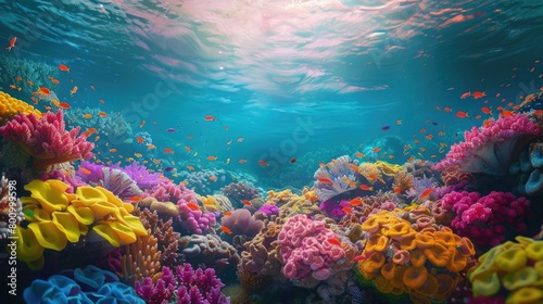 A panoramic view of a vibrant coral garden, with a rainbow of colors and textures, inviting viewers to marvel at the natural artistry of coral reefs on World Reef Awareness Day. © Ammar