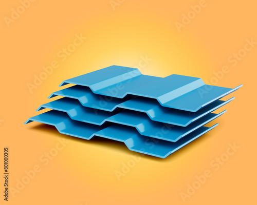 Blue Metallic Stacks Of Corrugated Galvanised Iron For Roof Sheets Yellow Background 3d Illustration