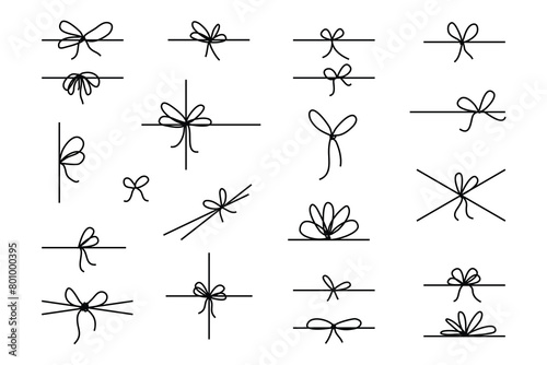 Line bows on ribbon. Bow on string set for box and decoration design. Simple outline bowknot
