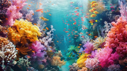 A panoramic view of a vibrant coral garden  with a rainbow of colors and textures  inviting viewers to marvel at the natural artistry of coral reefs on World Reef Awareness Day.