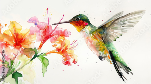 Detailed watercolor painting illustrating a hummingbird soaring near bright flowers