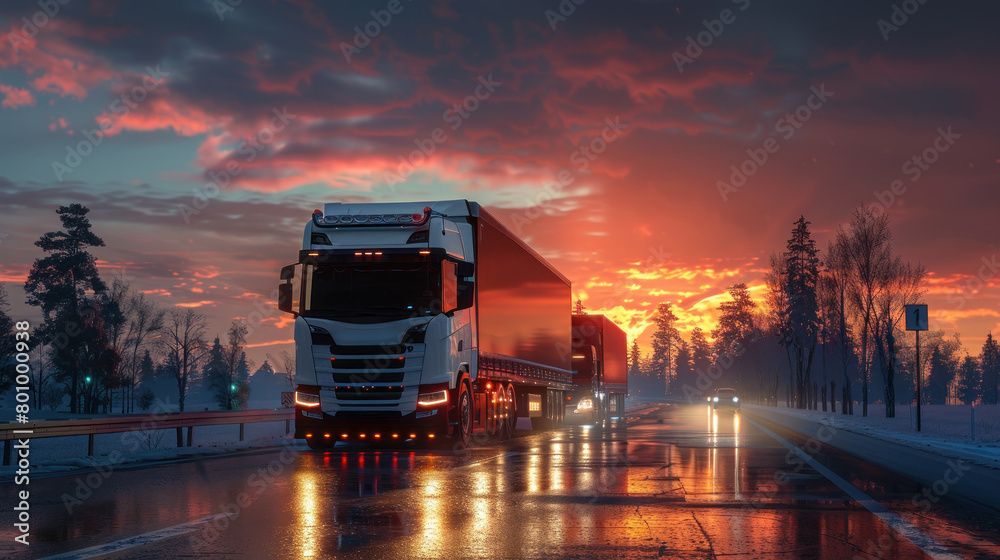 A heavy goods vehicle moves along a highway with snow around and a fiery sky overhead