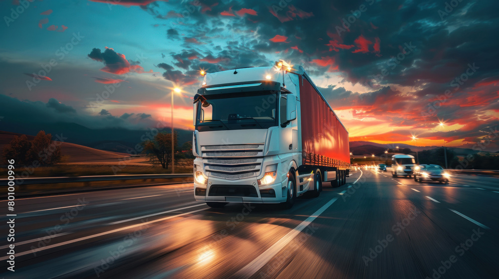 This image shows a white semi-truck speeding down a highway as the sky blooms with sunset colors, symbolizing efficient transportation