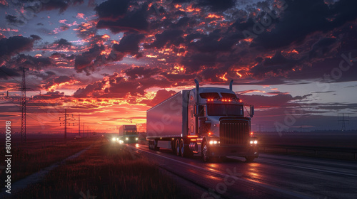 A powerful semi-truck is driving down the highway under a vibrant dusk sky with colorful clouds enhancing the mood of the scene