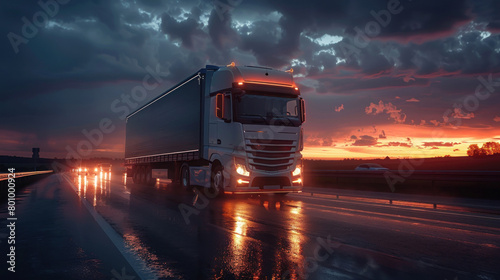 This image shows a truck on its route during twilight with a glowing sky creating a captivating atmosphere above