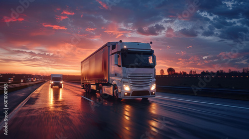 The captivating scene of a semi-truck cruising under a spectacular sunset painted with vivid reds and purples