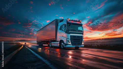 An evocative image capturing a truck driving on the road as the blue hour sets in with vibrant tones of blue and purple