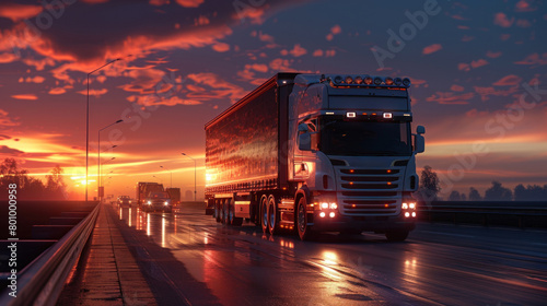 A scenic image showcasing a semi-truck on a highway with the sunset creating a stunning backdrop and reflecting on the vehicle's surface