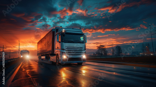 Stunning photography of a truck with bright headlights on a freight journey as twilight turns the sky into a canvas of colors