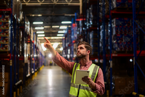 Smart caucasian man warehouse worker wearing safety vests checking inventory stock online information with tablet in Logistic or distribution center.Inspecting products before delivering to customers.