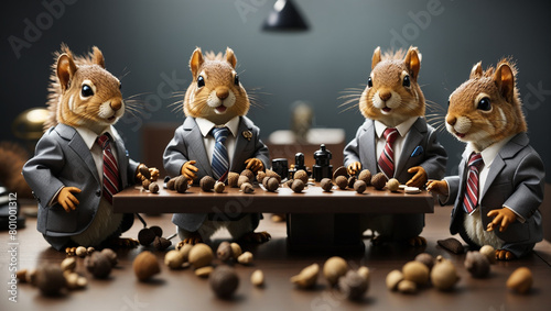 Five toy squirrels in suits are sitting around a table covered in nuts.

 photo