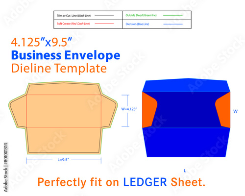Business Envelope W=4.125, L=9.5 Inches Dieline Template