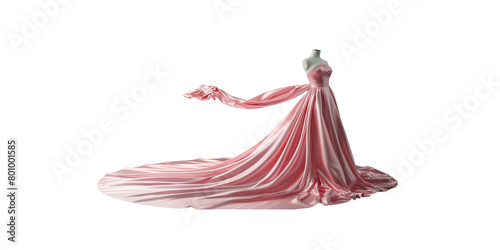  A luxurious pink satin gown with an elegant train flowing in the wind, reflecting soft lighting on a white background.
