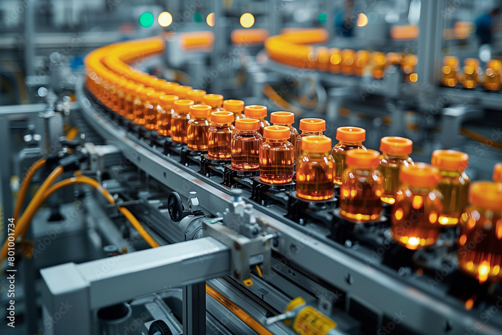 Obraz premium A conveyor belt with many bottles on it. The bottles are lit up and appear to be glowing