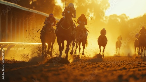 Dramatic view of a horse race at dusk, the track lit by golden sunlight filtering through a haze of dust