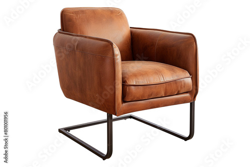 Modern accent chair with faux leather upholstery and metal frame isolated on solid white background.
