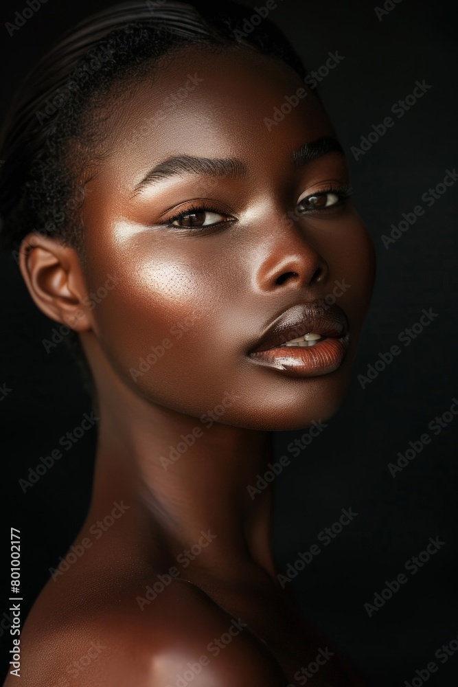 Elegant portrait of an African American woman with luminous, smooth skin and light makeup, captured in a high-end fashion studio Elegant portrait of an African American woman with luminous, smooth skin and light makeup, captured in a high-end fashion studio