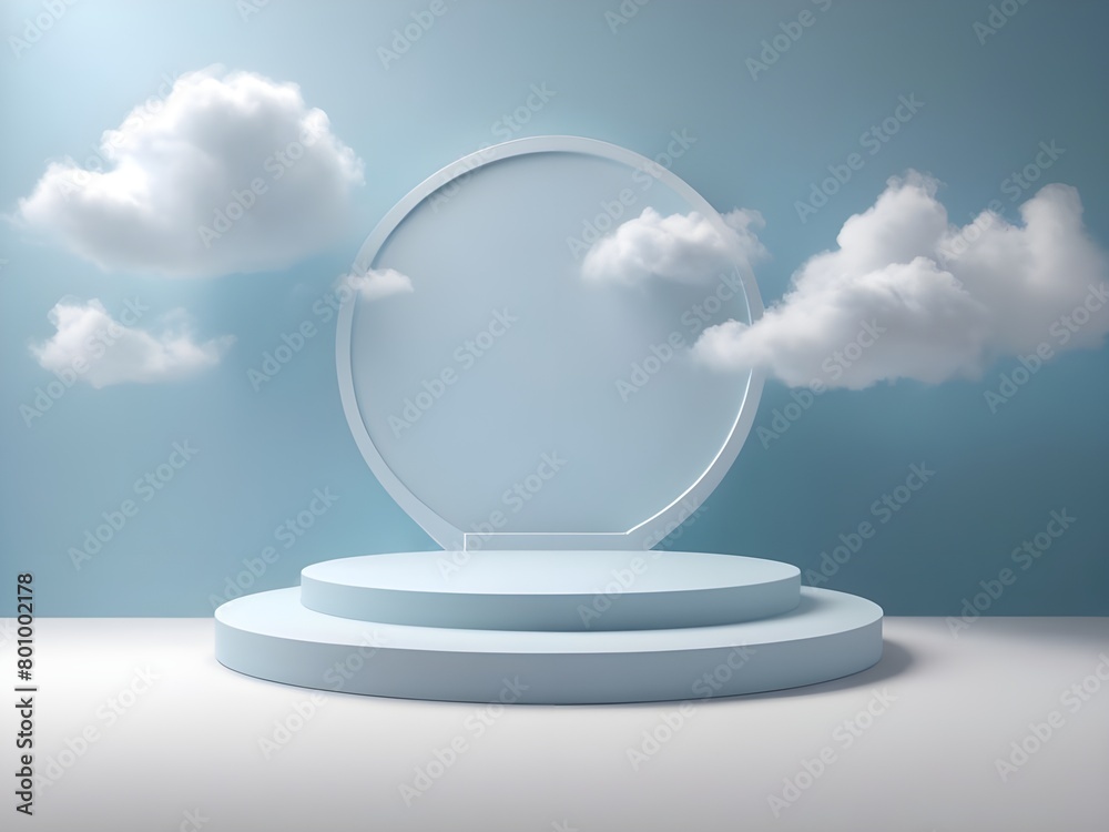 The 3D product showcases a cloud podium with a sky white display platform, creating an abstract stage scene with a minimal cloud background. 