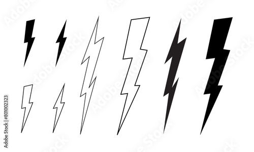 Set of bolt icons. Thunder, electric light flash, battery charging, warning, energy or power signs. Speed, shock or strike anime symbols isolated on white background. Vector graphic illustration