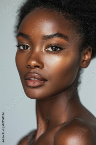 Elegant portrait of an African American woman with luminous, smooth skin and light makeup, captured in a high-end fashion studio