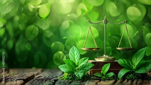 Eco-Investment Harmony: Scales of Justice Amid Nature's Melody. Concept Sustainable Investing, Environmental Conservation, Ethical Choices, Financial Growth, Green Investments photo