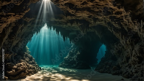 An underwater cave into which the rays of the sun penetrate