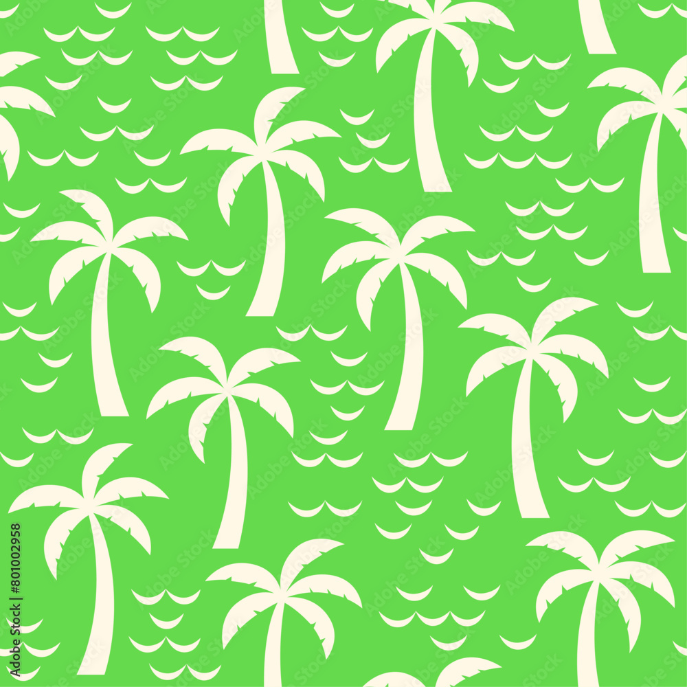 Simple hand drawn palm tree and wave seamless pattern design for summer holidays background. Simple hand drawn palm tree and wave seamless pattern design for summer holidays background.