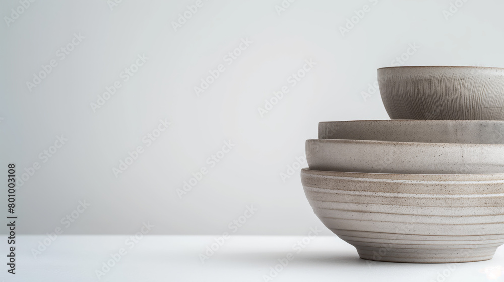 A set of three ceramic bowls beautifully nested within each other, displayed on a clean white surface signifying order and tranquility