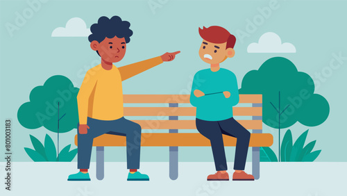 Two students sitting on a park bench pointing out different people passing by and guessing their emotions based on their nonverbal cues.. Vector illustration
