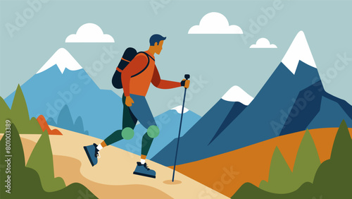A hiker navigating a rugged mountain trail with ease their advanced neuroprosthetic legs adapting to the terrain and providing stability..