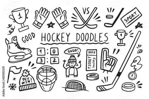 Hockey doodle elements set. Hockey puck and stick sport ball, winner cup. Hand drawn sketch style.