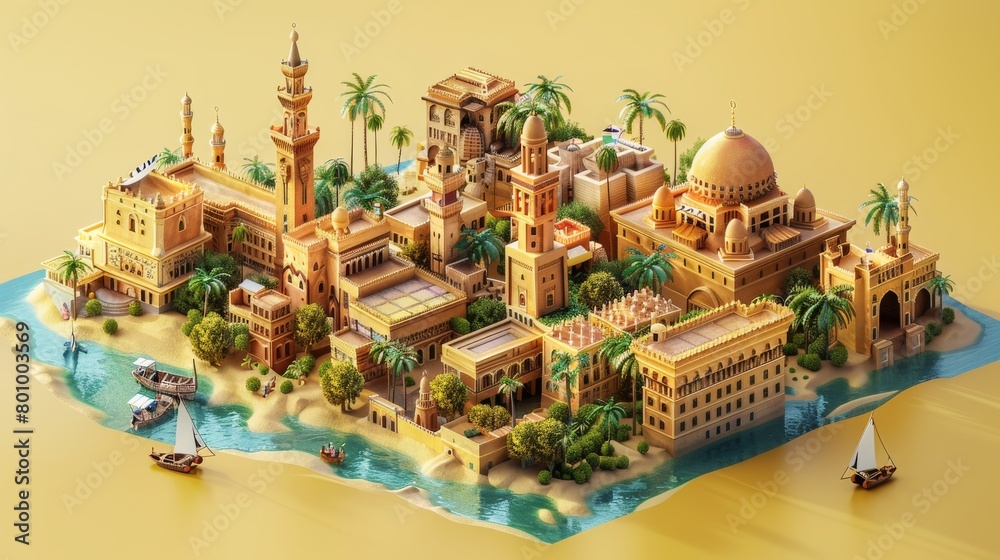 Fototapeta premium Cairo city 3D render Cute isometric floating illustration Banner for advertising Travel graphics animation