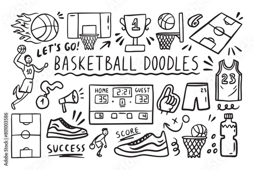 Basketball doodle elements set. basket sport ball, winner cup. Hand drawn sketch style.