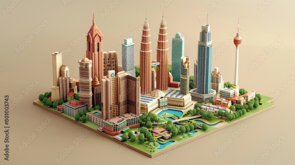 Fototapeta premium Kuala Lumpur city 3D render Cute isometric floating illustration Banner for advertising Travel graphics animation