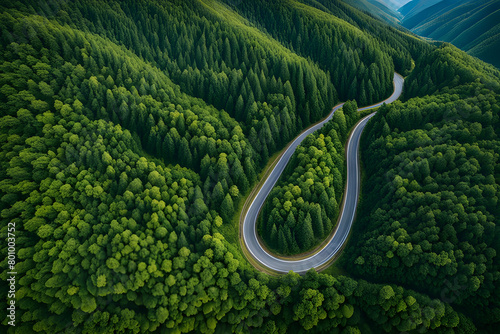 Aerial view mountain road in dark green forest