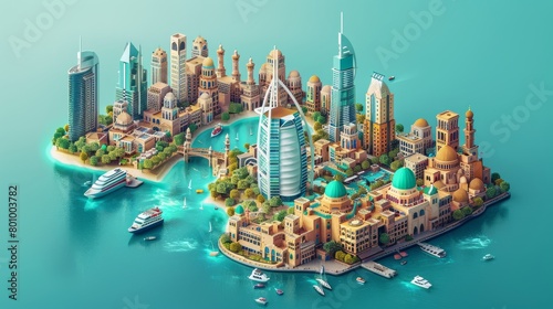 Dubai city 3D render Cute isometric floating illustration Banner for advertising Travel graphics animation photo