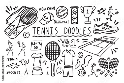 Tennis doodle elements set. Big tennis racket, tennis ball, winner cup. Hand drawn sketch style.