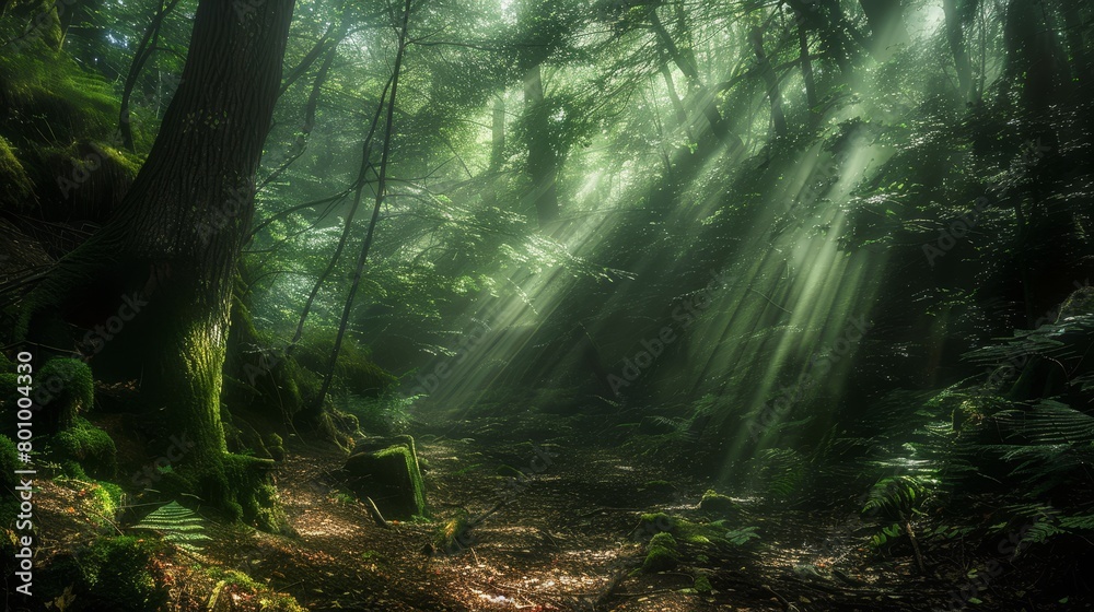 A deep forest glen where sun rays occasionally penetrate through, illuminating hidden ancient sculptures. 