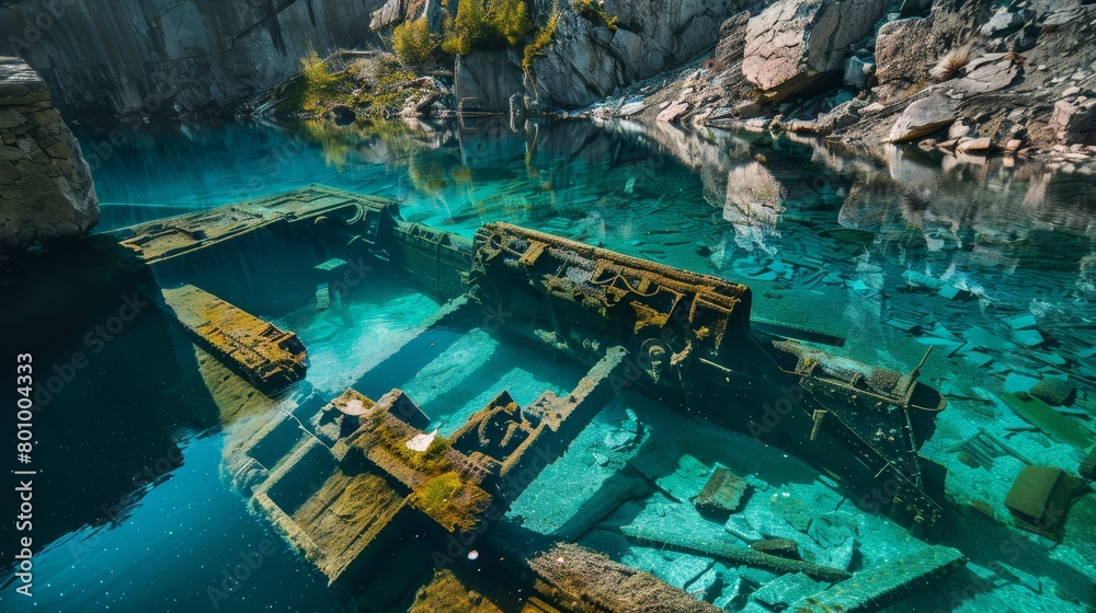 An abandoned quarry filled with crystal clear water, showing submerged machinery like a forgotten world. An abandoned quarry filled with crystal clear water, showing submerged machinery like a forgotten world.