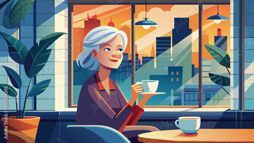 Happy mature woman with coffee cup sitting in cafe seen through glass