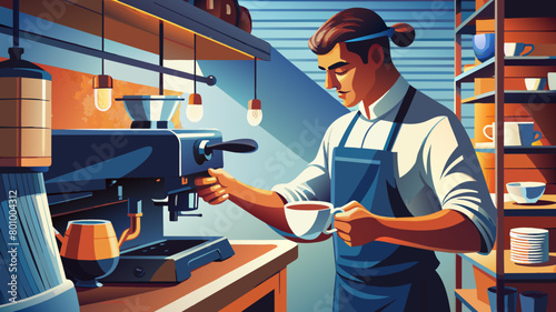 Close-up photo of a barista holding a portafilter with a black ground coffee and working on a coffee machine in a cafe shop.