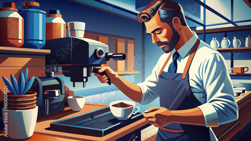 Close-up photo of a barista holding a portafilter with a black ground coffee and working on a coffee machine in a cafe shop.