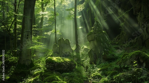 A deep forest glen where sun rays occasionally penetrate through  illuminating hidden ancient sculptures.